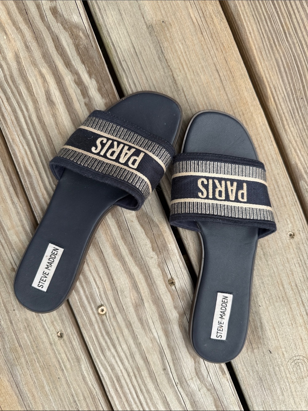 Steve Madden Black and Gold 'Paris' Strap Slides